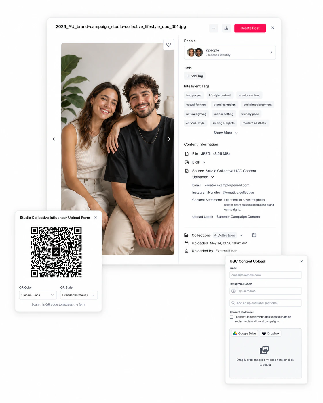 A collected photo in Jam: AI tags, face detection and UGC consent details, alongside the QR upload form and UGC upload panel