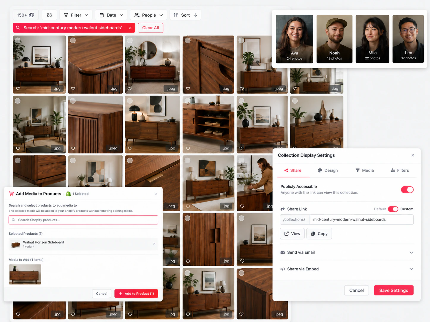 The Jam library organised into collections: AI tags, smart search and face detection grouping content automatically
