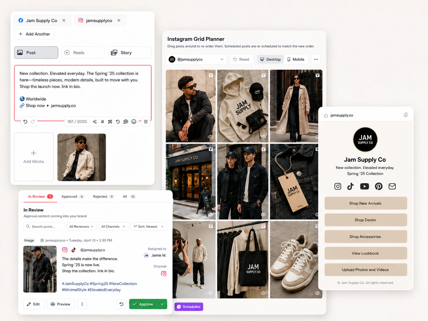 The Jam post composer: one post drafted with AI captions, previewed and scheduled across platforms with approvals